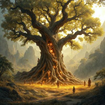 The primary subject of the image is a large tree with a hollowed-out trunk, surrounded by a group of people. The tree is located in a lush green forest, and the people are standing around it, possibly admiring its unique features. The visual style of the image is a combination of digital art and illustration, creating a vibrant and detailed scene. The colors and mood of the image are lively and serene, with the greenery of the forest and the warm glow of the hollowed
